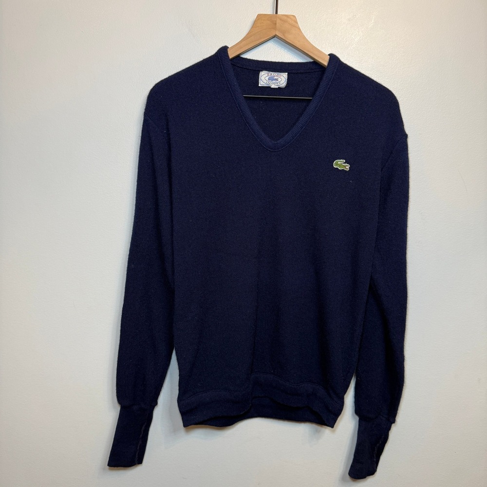 Vintage Izod Lacoste Men's Navy Blue V-Neck Sweater Size Large 70s 80s